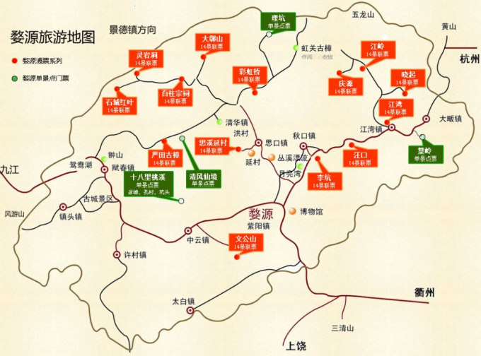 婺源县城距离篁岭约40公里,大家可以根据地图判断景点之间的距离.图片