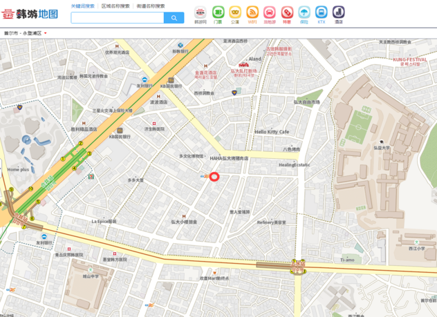 韩游网实景地图显示店面如下